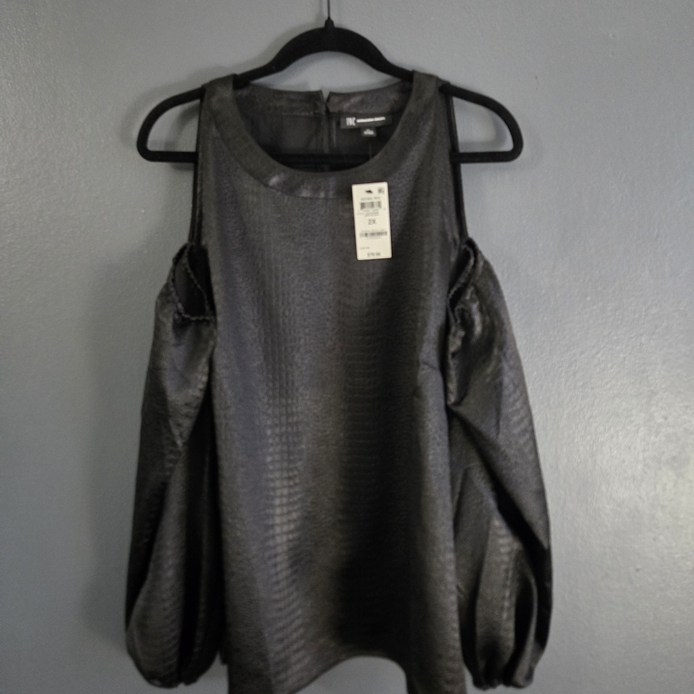 INC International Concepts Deep Black Romantic Luxe Cold Shoulder Blouse 2X